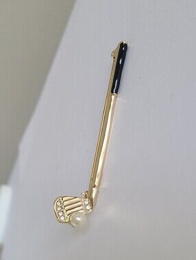 Vintage Gold Tone Rhinestone Pearl Enamel Boho Gold Club Stick Pin Brooch